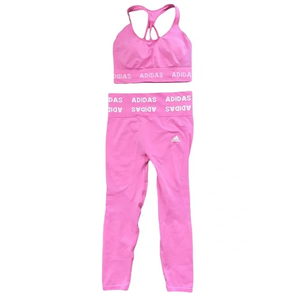 adidas Training aeroknit logo 7/8 leggings and bra in bright pink - Picture 9 of 9